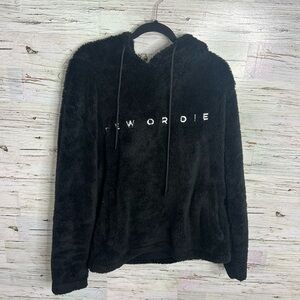 Dew or die black fuzzy plush hoodie sweater dew edit Kaitlyn bristowe size large